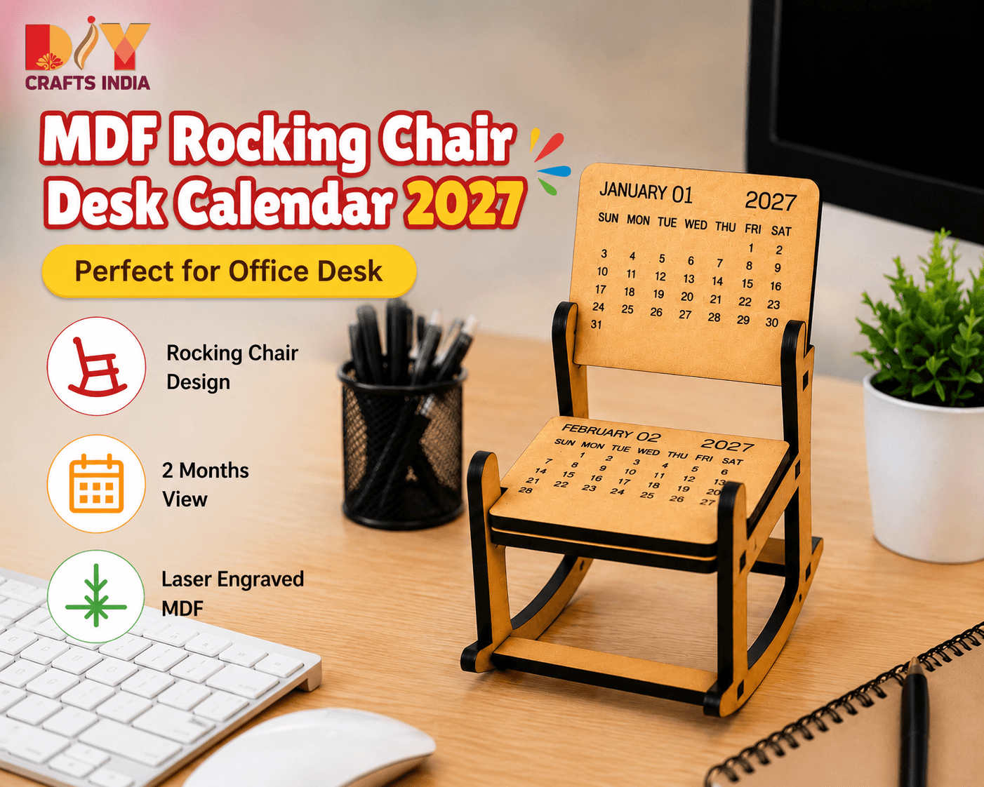 MDF Rocking Chair Desk Calendar 2027 | Wooden Corporate Gifting