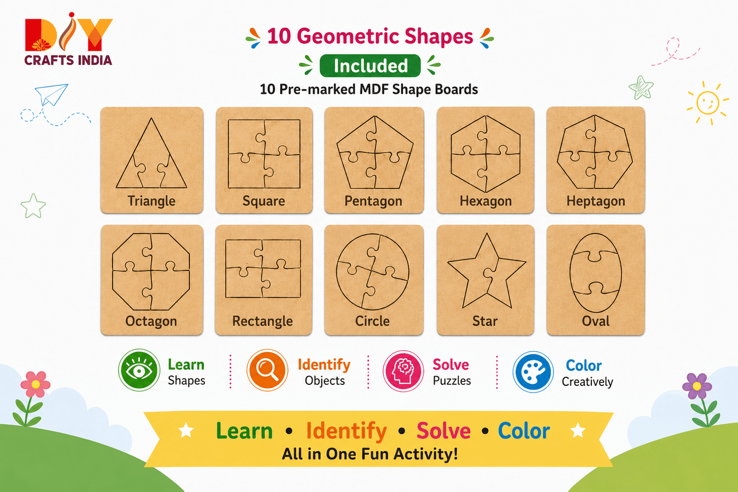 Montessori Geometric Shape Puzzle Kit for Kids – Trace, Build & Learn with 10 Shapes