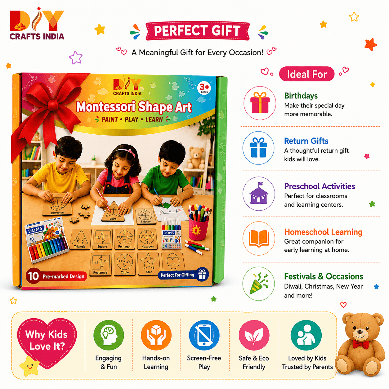 Montessori Geometric Shape Puzzle Kit for Kids – Trace, Build & Learn with 10 Shapes