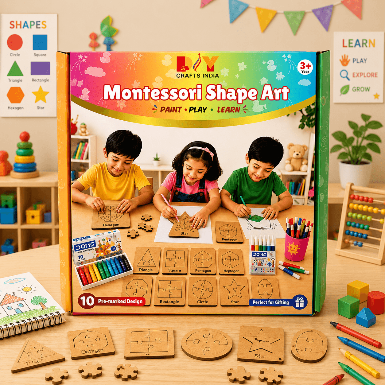 Montessori Geometric Shape Puzzle Kit for Kids – Trace, Build & Learn with 10 Shapes