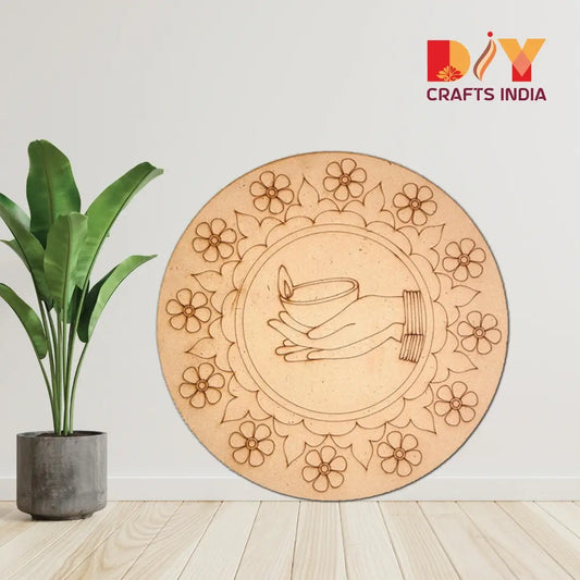 MDF Lippan Art Cutout – Diya in Hand with Floral Mandala Border for DIY & Festive Décor