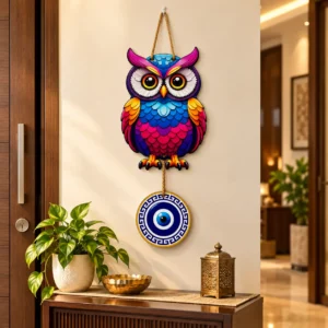 Colourful wooden owl evil eye wall hanging displayed in a living room entrance